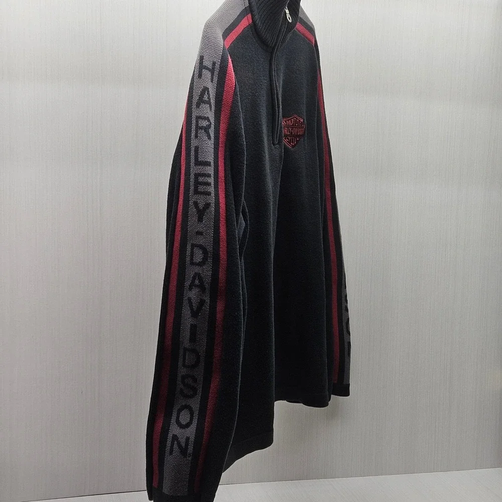 Harley-Davidson Mens Black Cotton 1/4 Zip Sweater Logo Sleeve Stripe Large L